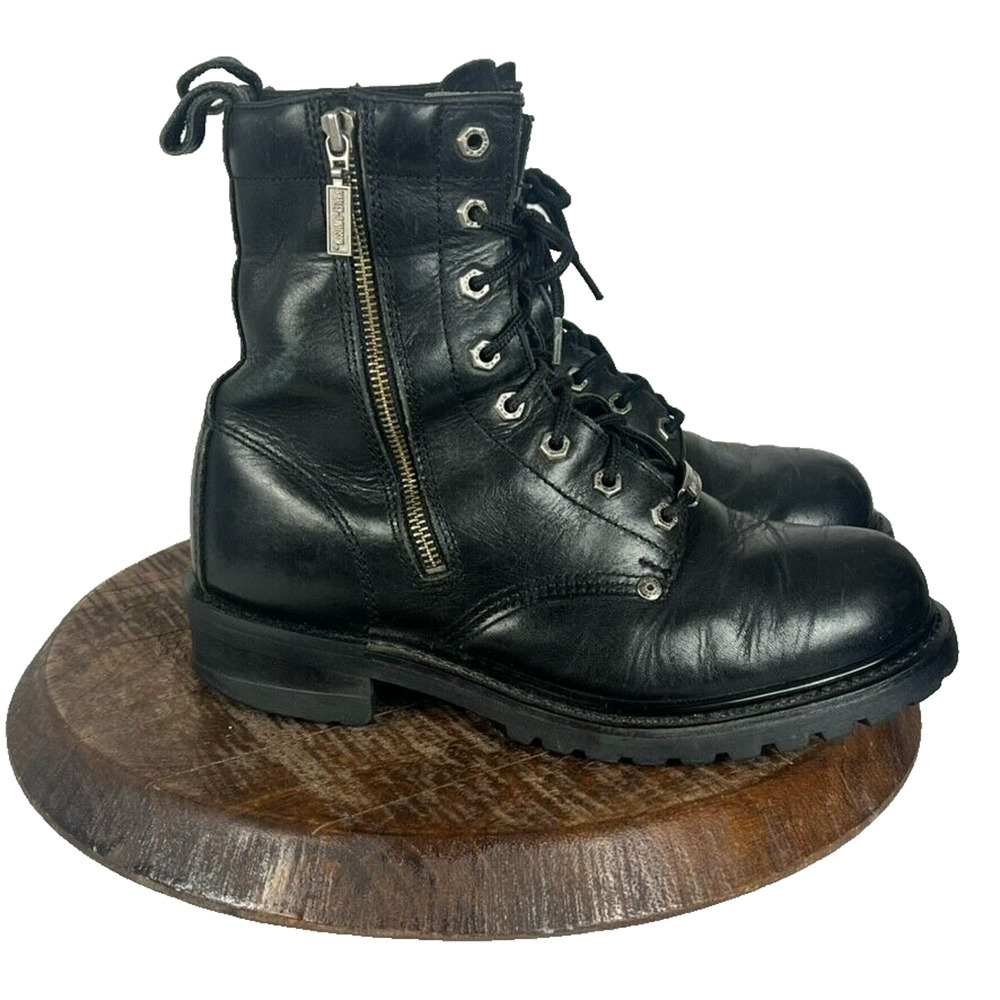 Harley Davidson Boots Mens 8.5 Black Leather Ankle Logger MotoRider Lace Zip Up
